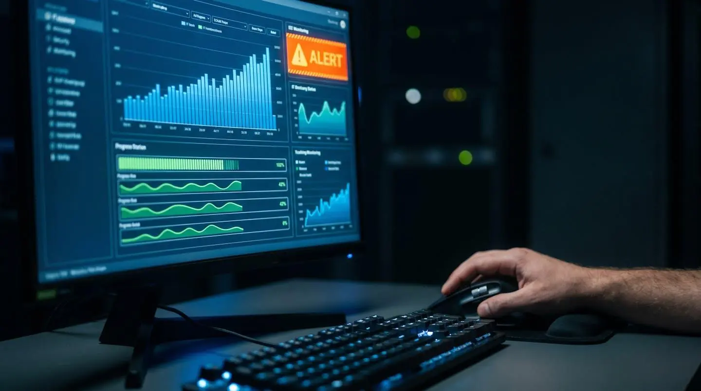 Gros plan sur un écran d'ordinateur affichant un tableau de bord de monitoring IT avec graphiques et une alerte orange, avec une main sur une souris au premier plan.