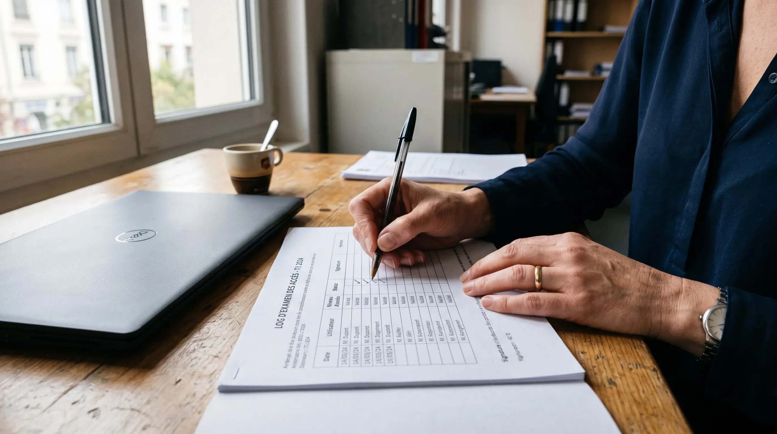 Des mains vérifient un registre d'accès imprimé lors d'un audit.